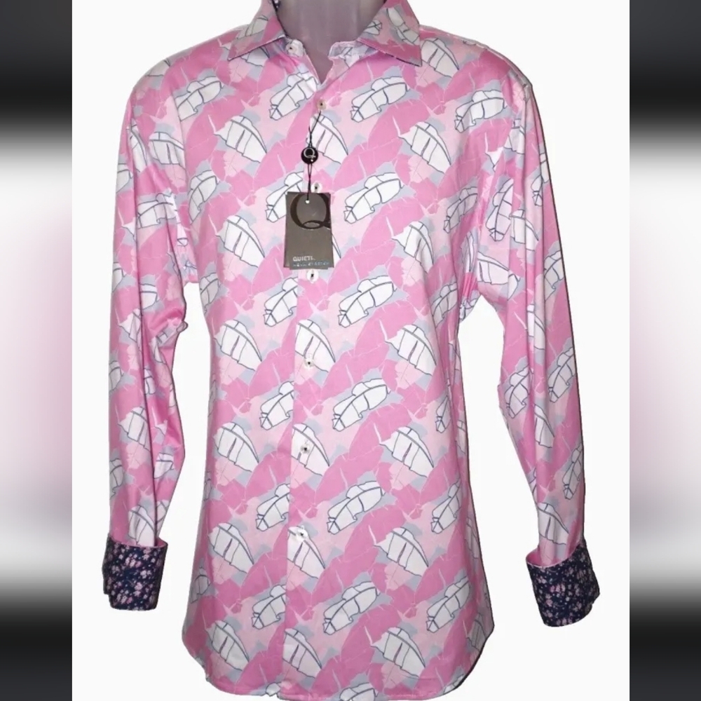 NWT Queti Pink And Blue Print Long Sleeve Button Down Nova Stretch Shirt, Large